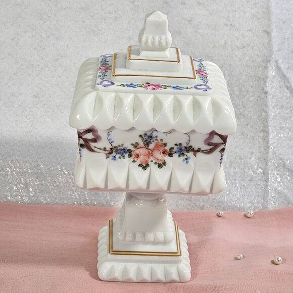 Westmoreland Milk Glass Footed Pedestal Wedding Box Candy Dish Hand Painted 10” - Picture 8 of 16
